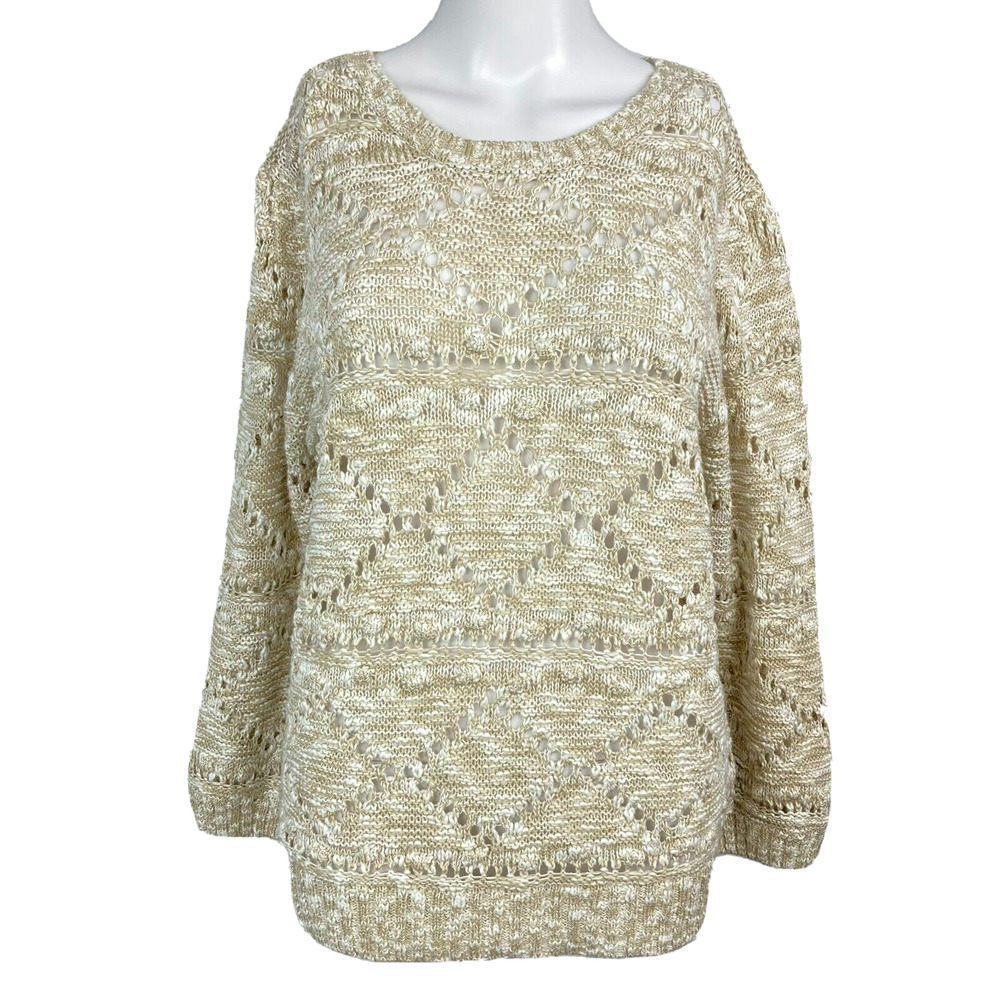 Mine Sweater Womens Sz L Beige Cotton Open Knit Lightweight Pullover Button Rear